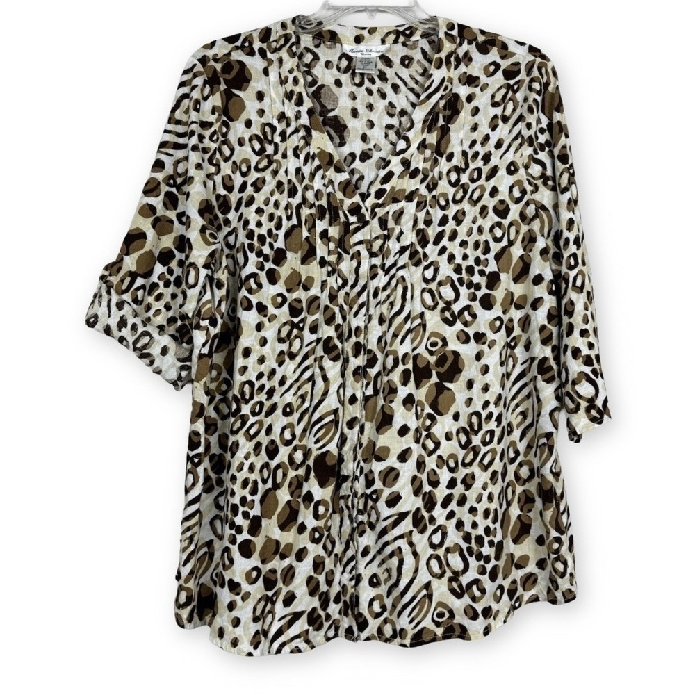 Marisa Christina Woman Animal Print Linen Blend Pleated V-Neck Blouse 2X Brown